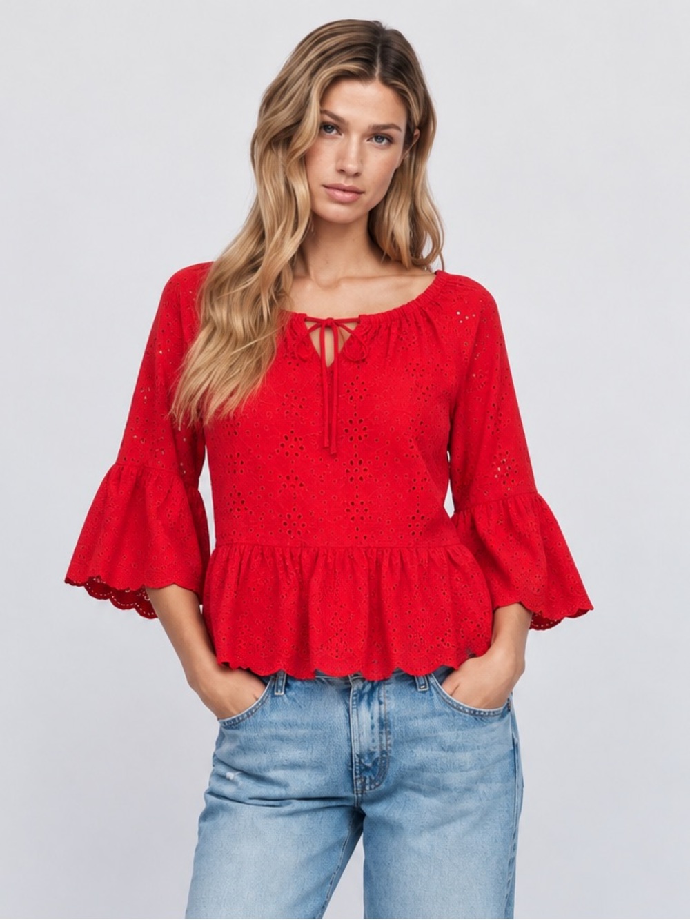NWT John Mark Red Eyelet Ruffle Peasant Boho Tunic Top Sz S